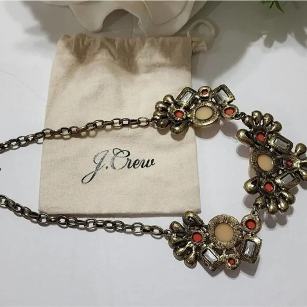 J. Crew Statement Bib Necklace‎ Coral Cream Crystal Gold Tone with Dust Bag